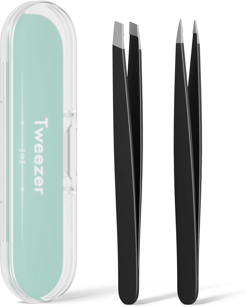 EZ2LIVE Tweezers for Women Facial Hair, Slant & Point Tip 2 Pack Eyebrow Tweezers for Men, Professional Tweezer Set Stainless Steel Precision Tweezers for Eyebrows, Splinter, Ingrown Hair Removal - Image 1